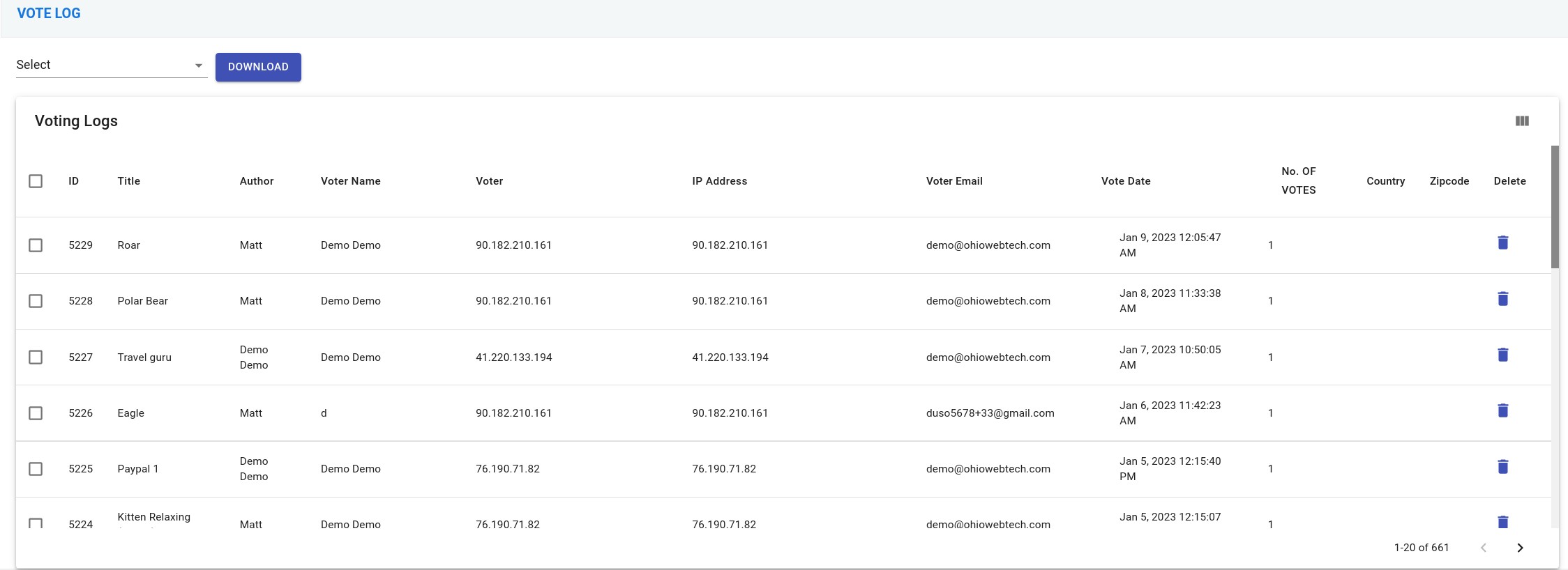 Voting log menu screenshot